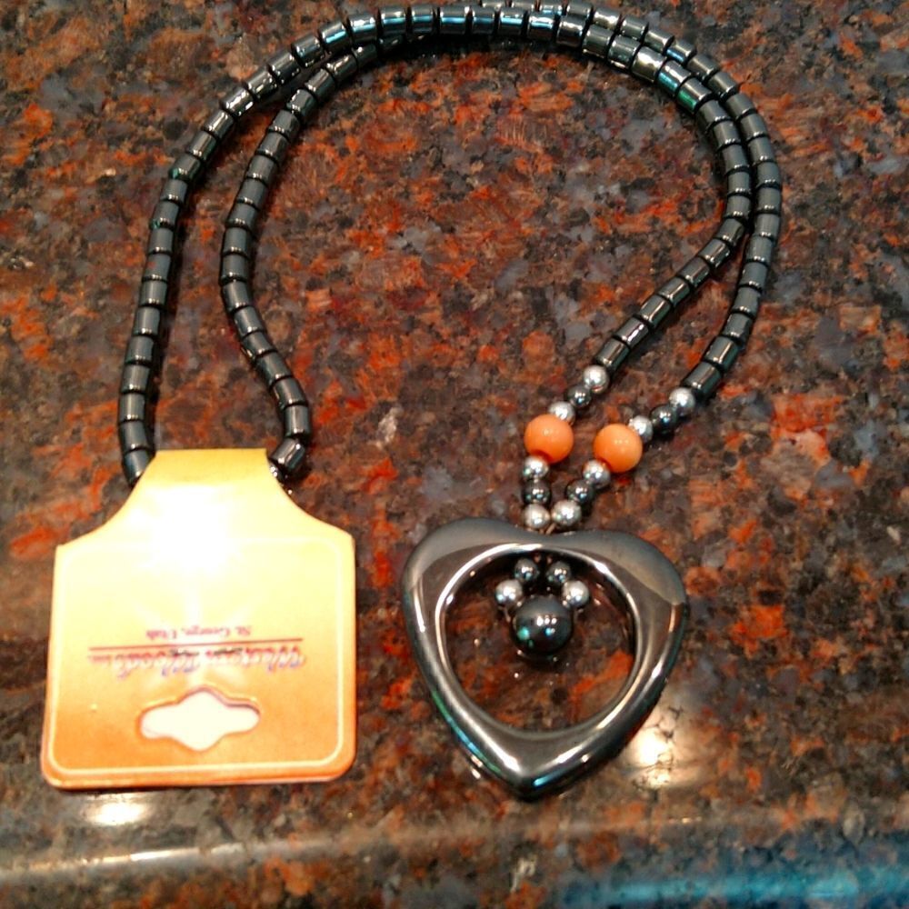 Hematite and Coral Heart Necklace....New